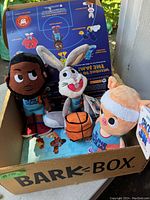 Three plush dog toys from Space Jam: Bugs Bunny holding basketball, LeBron James, and Porky Pig in Bark Box packaging