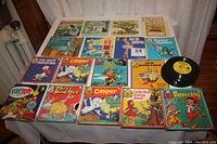 Wide view of all 21 children's records including 16 Peter Pan 45-speed records with colorful illustrated dust jackets and 5 larger 33-speed story records.
