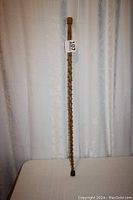 Full length photo of the walking stick showing its knobby textured shaft and rounded handle, standing upright