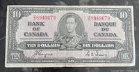 Front side of the 1937 Bank of Canada $10 note showing King George VI portrait, serial numbers, and denomination in English and French.