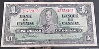 Front of the 1937 Bank of Canada one dollar note showing King George VI portrait, serial number, and denomination.