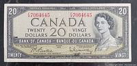 Front side of the 1954 Canadian $20 banknote showing Queen Elizabeth II portrait and serial numbers.