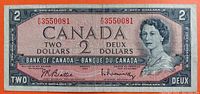 Front of the 1954 Canadian $2 bank note featuring Queen Elizabeth II, denomination and serial number