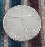 Obverse side of 1967 Canadian silver dollar coin featuring a flying Canada goose in flight with inscriptions: "DOLLAR," "CANADA 1867-1967".