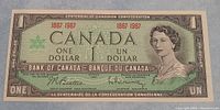 Front side of 1967 Canadian one dollar bank note, showing Queen Elizabeth II and centennial commemorative design.