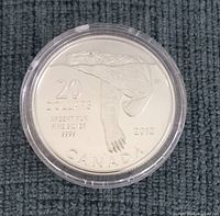 Obverse side of coin showing polar bear design, silver purity, denomination, year, and Canada inscription, inside plastic capsule.