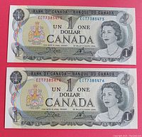 Front side of two consecutive 1973 Canadian $1 bank notes showing Queen Elizabeth II and serial numbers ECT7385475 and ECT7385476.