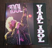 Front cover of Billy Idol Vital Idol album featuring photograph of Billy Idol singing.