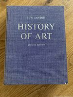 Front cover of the hardcover book titled 'History of Art' by H.W. Janson, second edition, showing blue cloth binding with silver lettering.