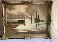 Full view of the painting showing sailboats on water with reflections, clouds, and the ornate gold frame.