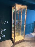 Tall glass display cabinet with wood frame and four glass shelves, doors closed.