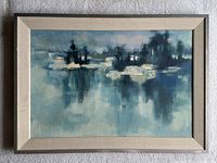 Frontal view of signed oil on canvas abstract landscape with beige fabric-covered frame, showing overall condition and wear details