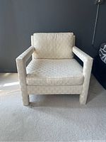 Front view of armchair showing seat and back cushions