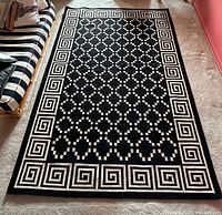 Full view of rug laid on carpeted floor next to striped couch