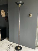 Full view of the tall, slender floor lamp standing against a dark wall, showing the entire height and base with electrical cord on floor.