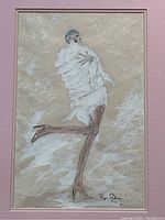 Close-up of the flapper girl figure showing white feathered dress, blue beaded headpiece, red lips, and her playful leg pose.