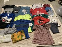 Image shows 18 kid's T-shirts of various colors and brands, laid out on a beige surface for display.