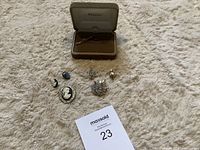 Photo of assorted pins and matching earrings on a light textured fabric background. Items include cameo pair for pierced ears, clip-on gem earrings, and decorative pins.