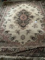 Full view of the rug showing the rectangular shape and detailed floral pattern with central medallion in cream, pink, black, and brown colors.