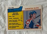 Front side of the 1983-84 O-Pee-Chee Wayne Gretzky #22 hockey card showing stats and photo of player.