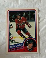 Front of the 1984-85 O-Pee-Chee Chris Chelios rookie hockey card showing player image, team, and card details.