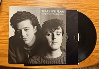 Front cover of the Tears For Fears album 'Songs From The Big Chair' showing band members in black and white.