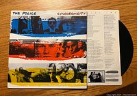 Back of the album cover showing colorful strip design with band member photos and song lyrics.