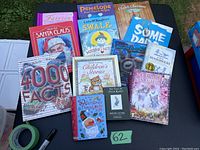 Photo showing 11 assorted children's books with illustrated colorful covers including titles related to Christmas, fairy tales, animals, and educational facts about Earth.