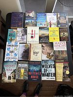 Photo of twenty assorted fiction books laid out on the floor, visible titles and authors included.