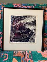 Framed artwork print on a colorful fabric background showing full piece.