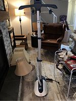 Full view of the T-fal clothing steamer showing upright design, adjustable pole, and clothes hanger attachment.