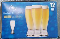 Box front showing Mayfair & Jackson brand and beer pint glass images, 12 glasses, 500ml.