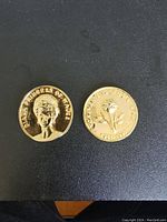 Two gold-colored commemorative coins on a dark surface, showing obverse and reverse sides. One coin shows Princess Diana profile with inscription, the other shows a floral design with inscription.