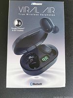 Front of box showing 2Boom Viral Air wireless earphones with open charging case and one earbud outside the case.