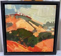 Full view of original Karen White oil painting framed showing abstract orange and green landscape.