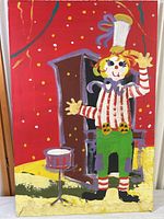 Full view of colorful painting featuring a clown in a chef hat with a drum on red background