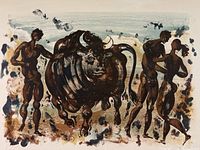 Close-up of the print showing figures and bull in brown and black tones with signature at bottom right.