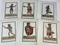 Photo showing all six prints arranged together, depicting Spanish native tribespeople, vintage condition.
