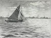 Close-up image of the pencil sketch showing detailed sailboat on wavy water with city silhouette and cloudy skies.