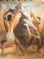 High view of the giclee print showing two men restraining a white horse