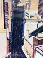 Close-up of the poster showing detailed view of street and buildings with minor creases on the top edge.