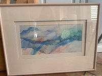 Framed and matted original landscape watercolour painting with visible signature by Elaine Clarfield Gitalis.