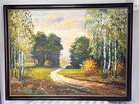 Frontal view of oil painting showing forest trail, trees, and signature in bottom right corner.