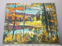 Full view of the oil painting showing autumn swamp scene with colorful fall foliage and reflective water under sky.