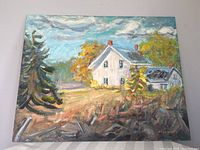 Full frontal view of the oil painting depicting a rural scene with a house with blue roof, trees, and sky.