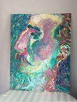 Front view of the acrylic abstract painting depicting a colorful side profile portrait with signature.