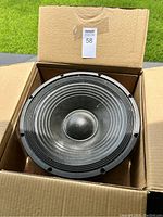 Top-down view of the 15-inch subwoofer speaker inside a cardboard box showing the speaker cone and dust cap.
