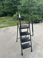 Full view front angle of the black platform ladder showing steps and handrails.