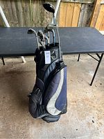 Golf bag with golf clubs grouped inside, showing overall set.