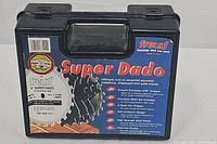Closed black plastic carrying case with Freud branding and Super Dado label showing product details.